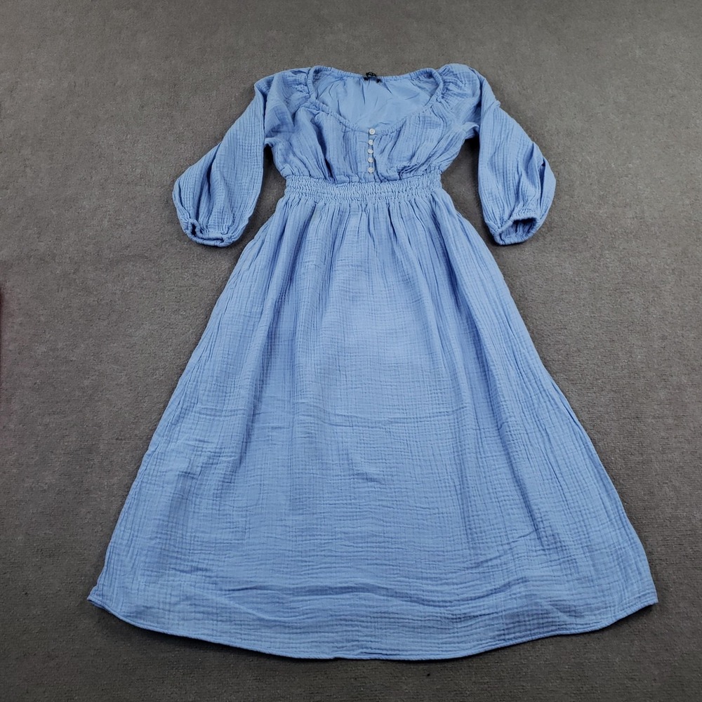 J.CREW Dress Womens XS Blue Fit & Flare Maxi Smocked Button Balloon Sleeve Z